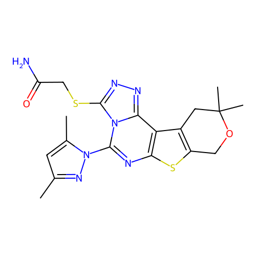2-((5-(3,5-dimethyl-1H-pyrazol-1-yl)-10,10-dimethyl-10,11-dihydro-8H-pyrano[4',3':4,5]thieno[3,2-e][1,2,4]triazolo[4,3-c]pyrimidin-3-yl)thio)acetamide structure