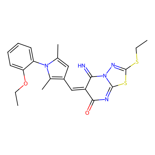 (E)-6-((1-(2-ethoxyphenyl)-2,5-dimethyl-1H-pyrrol-3-yl)methylene)-2-(ethylthio)-5-imino-5H-[1,3,4]thiadiazolo[3,2-a]pyrimidin-7(6H)-one structure