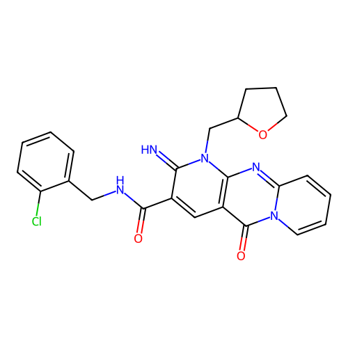 N-[(2-chlorophenyl)methyl]-6-imino-2-oxo-7-[(oxolan-2-yl)methyl]-1,7,9-triazatricyclo[8.4.0.0^{3,8}]tetradeca-3(8),4,9,11,13-pentaene-5-carboxamide structure