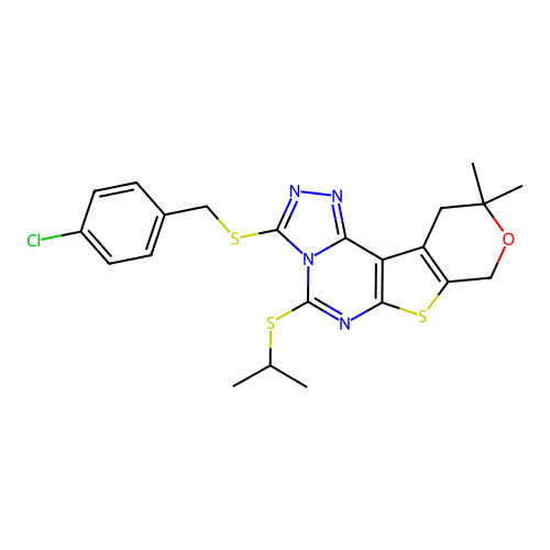 3-((4-chlorobenzyl)thio)-5-(isopropylthio)-10,10-dimethyl-10,11-dihydro-8H-pyrano[4',3':4,5]thieno[3,2-e][1,2,4]triazolo[4,3-c]pyrimidine structure