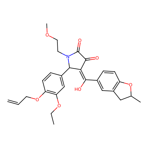 (4E)-5-(3-ethoxy-4-prop-2-enoxyphenyl)-4-[hydroxy-(2-methyl-2,3-dihydro-1-benzofuran-5-yl)methylidene]-1-(2-methoxyethyl)pyrrolidine-2,3-dione structure