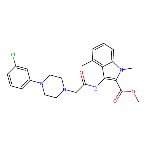 methyl 3-({[4-(3-chlorophenyl)piperazin-1-yl]acetyl}amino)-1,4-dimethyl-1H-indole-2-carboxylate structure