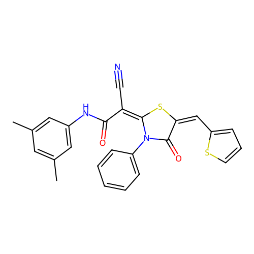 (2E)-2-cyano-N-(3,5-dimethylphenyl)-2-[(5E)-4-oxo-3-phenyl-5-(thiophen-2-ylmethylidene)-1,3-thiazolidin-2-ylidene]acetamide structure