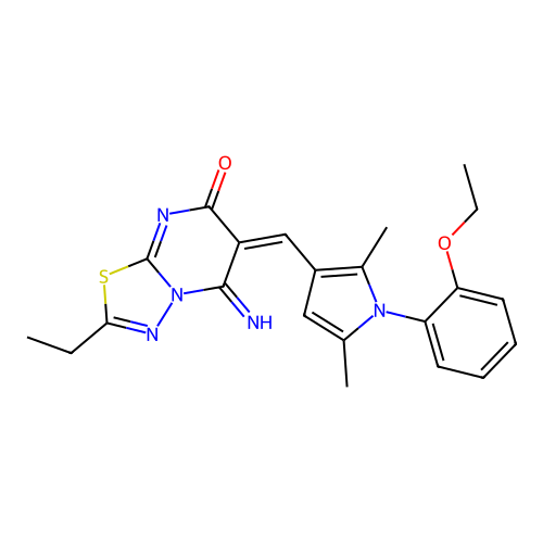 (E)-6-((1-(2-ethoxyphenyl)-2,5-dimethyl-1H-pyrrol-3-yl)methylene)-2-ethyl-5-imino-5H-[1,3,4]thiadiazolo[3,2-a]pyrimidin-7(6H)-one structure