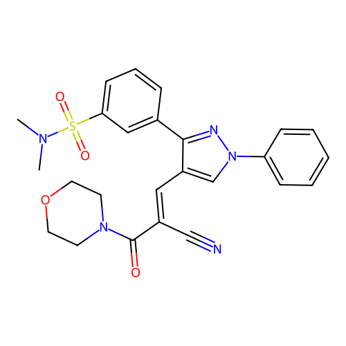 (E)-3-(4-(2-cyano-3-morpholino-3-oxoprop-1-en-1-yl)-1-phenyl-1H-pyrazol-3-yl)-N,N-dimethylbenzenesulfonamide structure