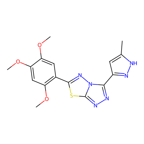 2,4,5-trimethoxy-1-[3-(3-methylpyrazol-5-yl)(1,2,4-triazolo[3,4-b]1,3,4-thiadi azolin-6-yl)]benzene structure