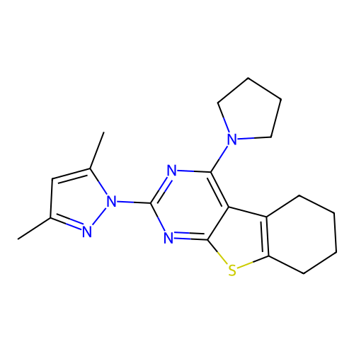 2-(3,5-dimethyl-1H-pyrazol-1-yl)-4-(pyrrolidin-1-yl)-5,6,7,8-tetrahydro[1]benzothieno[2,3-d]pyrimidine structure