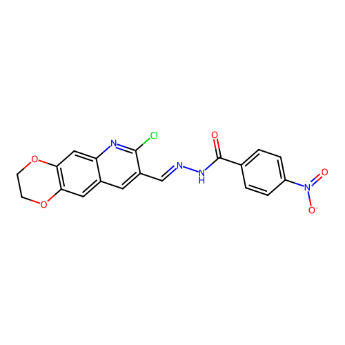(E)-N'-((7-chloro-2,3-dihydro-[1,4]dioxino[2,3-g]quinolin-8-yl)methylene)-4-nitrobenzohydrazide structure