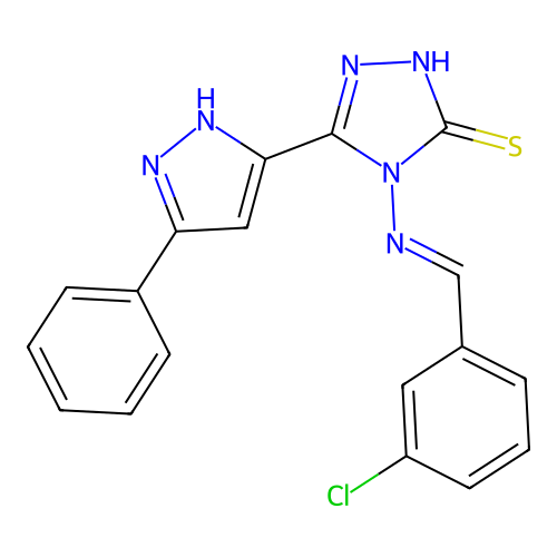 4-{[1-(3-Chloro-phenyl)-meth-(E)-ylidene]-amino}-5-(5-phenyl-2H-pyrazol-3-yl)-4H-[1,2,4]triazole-3-thiol structure