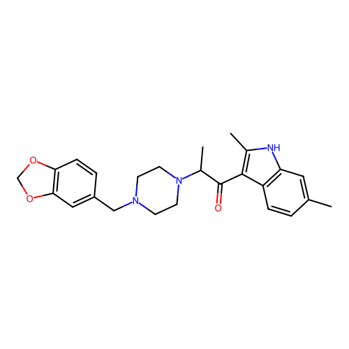 2-[4-(1,3-benzodioxol-5-ylmethyl)piperazin-1-yl]-1-(2,6-dimethyl-1H-indol-3-yl)propan-1-one structure