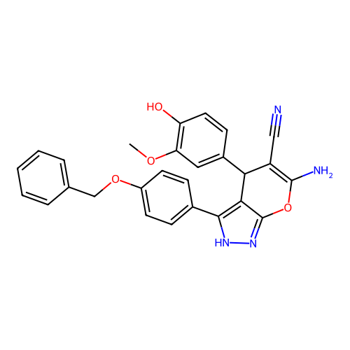 6-amino-3-(4-(benzyloxy)phenyl)-4-(4-hydroxy-3-methoxyphenyl)-1,4-dihydropyrano[2,3-c]pyrazole-5-carbonitrile structure