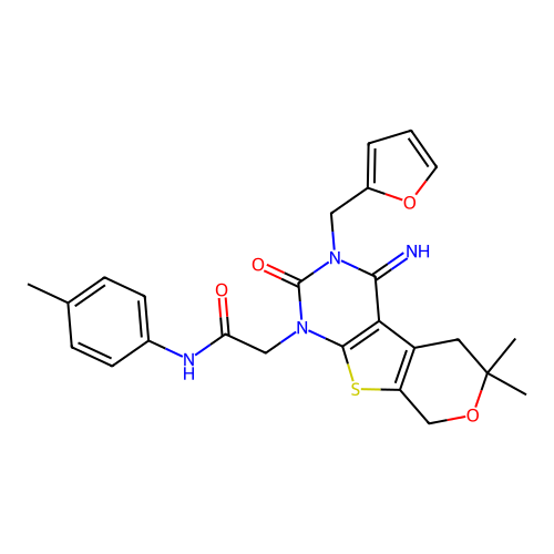 2-(3-(furan-2-ylmethyl)-4-imino-6,6-dimethyl-2-oxo-2,3,4,5,6,8-hexahydro-1H-pyrano[4',3':4,5]thieno[2,3-d]pyrimidin-1-yl)-N-(p-tolyl)acetamide structure