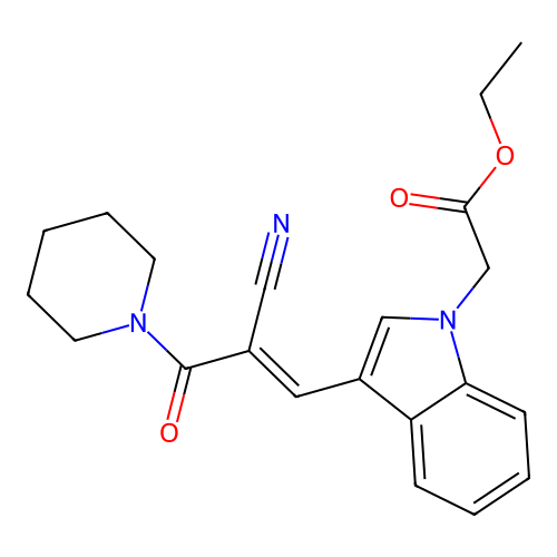 Ethyl 2-[3-[2-cyano-3-oxo-3-(1-piperidyl)prop-1-enyl]indol-1-yl]acetate structure