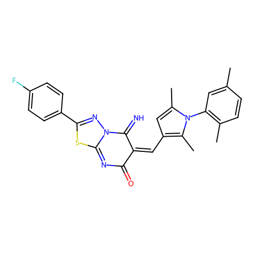 (E)-6-((1-(2,5-dimethylphenyl)-2,5-dimethyl-1H-pyrrol-3-yl)methylene)-2-(4-fluorophenyl)-5-imino-5H-[1,3,4]thiadiazolo[3,2-a]pyrimidin-7(6H)-one structure