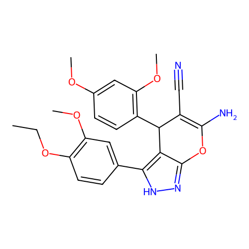 6-amino-4-(2,4-dimethoxyphenyl)-3-(4-ethoxy-3-methoxyphenyl)-2,4-dihydropyrano[2,3-c]pyrazole-5-carbonitrile structure