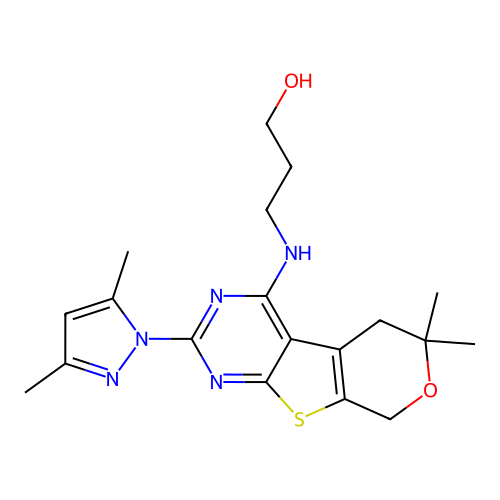 3-((2-(3,5-dimethyl-1H-pyrazol-1-yl)-6,6-dimethyl-6,8-dihydro-5H-pyrano[4',3':4,5]thieno[2,3-d]pyrimidin-4-yl)amino)propan-1-ol structure
