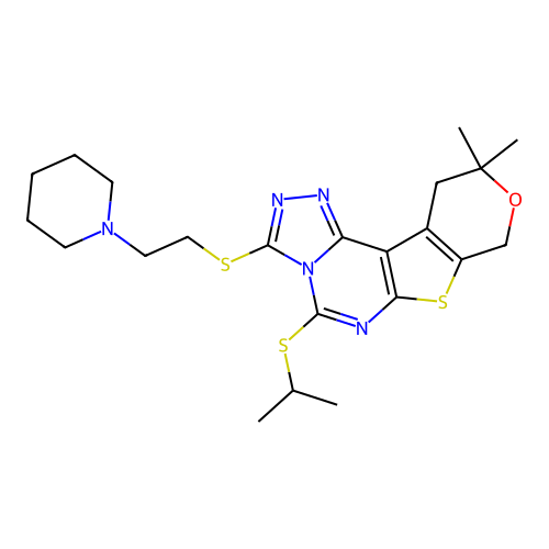 10,10-dimethyl-3-{[2-(piperidin-1-yl)ethyl]sulfanyl}-5-(propan-2-ylsulfanyl)-10,11-dihydro-8H-pyrano[4',3':4,5]thieno[3,2-e][1,2,4]triazolo[4,3-c]pyrimidine structure