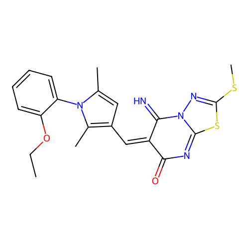 (6E)-6-[[1-(2-ethoxyphenyl)-2,5-dimethylpyrrol-3-yl]methylidene]-5-imino-2-methylsulfanyl-[1,3,4]thiadiazolo[3,2-a]pyrimidin-7-one structure