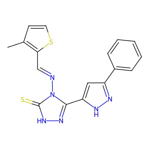 4-[(E)-(3-methylthiophen-2-yl)methylideneamino]-3-(3-phenyl-1H-pyrazol-5-yl)-1H-1,2,4-triazole-5-thione structure