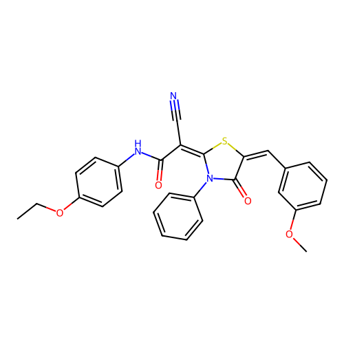 (2E)-2-cyano-N-(4-ethoxyphenyl)-2-[(5E)-5-[(3-methoxyphenyl)methylidene]-4-oxo-3-phenyl-1,3-thiazolidin-2-ylidene]acetamide structure
