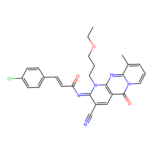 (2E)-3-(4-chlorophenyl)-N-[(2E)-3-cyano-1-(3-ethoxypropyl)-10-methyl-5-oxo-1,5-dihydro-2H-dipyrido[1,2-a:2',3'-d]pyrimidin-2-ylidene]prop-2-enamide structure