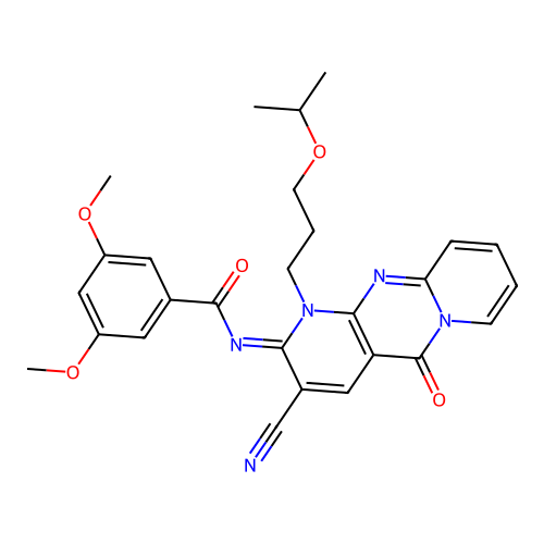(E)-N-(3-cyano-1-(3-isopropoxypropyl)-5-oxo-1H-dipyrido[1,2-a:2',3'-d]pyrimidin-2(5H)-ylidene)-3,5-dimethoxybenzamide structure