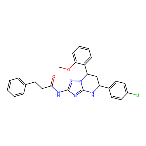 N-(5-(4-chlorophenyl)-7-(2-methoxyphenyl)-4,5,6,7-tetrahydro-[1,2,4]triazolo[1,5-a]pyrimidin-2-yl)-3-phenylpropanamide structure