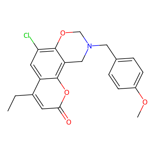 6-chloro-4-ethyl-9-(4-methoxybenzyl)-9,10-dihydrochromeno[8,7-e][1,3]oxazin-2(8H)-one structure