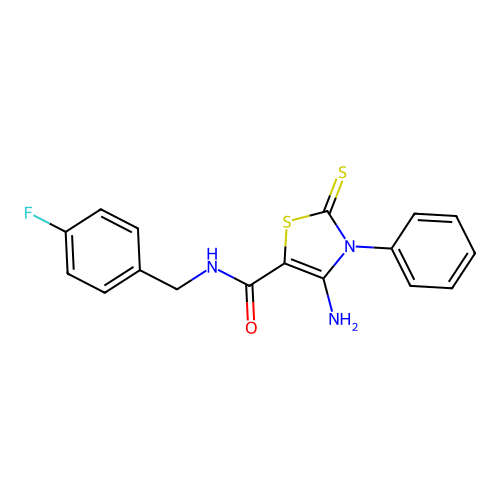 4-amino-N-(4-fluorobenzyl)-3-phenyl-2-thioxo-2,3-dihydro-1,3-thiazole-5-carboxamide structure