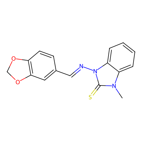 1-[(E)-1,3-benzodioxol-5-ylmethylideneamino]-3-methylbenzimidazole-2-thione structure