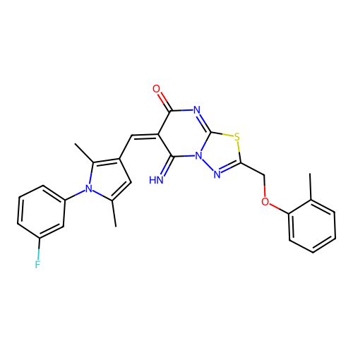 (E)-6-((1-(3-fluorophenyl)-2,5-dimethyl-1H-pyrrol-3-yl)methylene)-5-imino-2-((o-tolyloxy)methyl)-5H-[1,3,4]thiadiazolo[3,2-a]pyrimidin-7(6H)-one structure