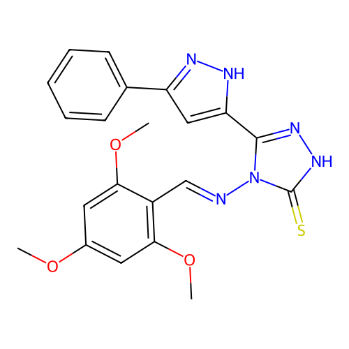 (E)-5-(3-phenyl-1H-pyrazol-5-yl)-4-((2,4,6-trimethoxybenzylidene)amino)-4H-1,2,4-triazole-3-thiol structure