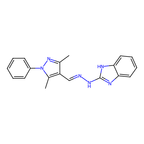 (E)-2-(2-((3,5-dimethyl-1-phenyl-1H-pyrazol-4-yl)methylene)hydrazinyl)-1H-benzo[d]imidazole structure