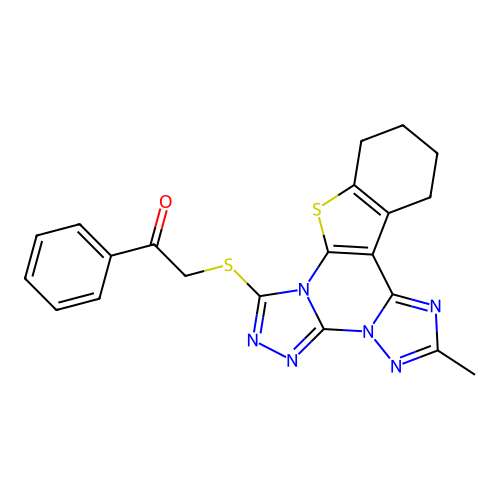 2-((2-methyl-10,11,12,13-tetrahydrobenzo[4,5]thieno[3,2-e]bis([1,2,4]triazolo)[4,3-a:1',5'-c]pyrimidin-7-yl)thio)-1-phenylethanone structure