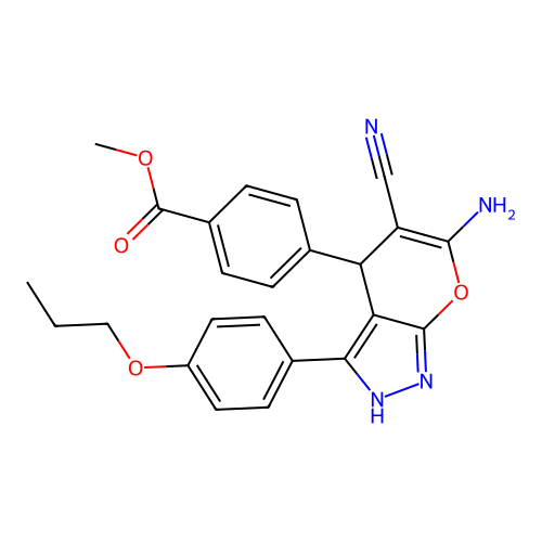 methyl 4-[6-amino-5-cyano-3-(4-propoxyphenyl)-2,4-dihydropyrano[2,3-c]pyrazol-4-yl]benzoate structure
