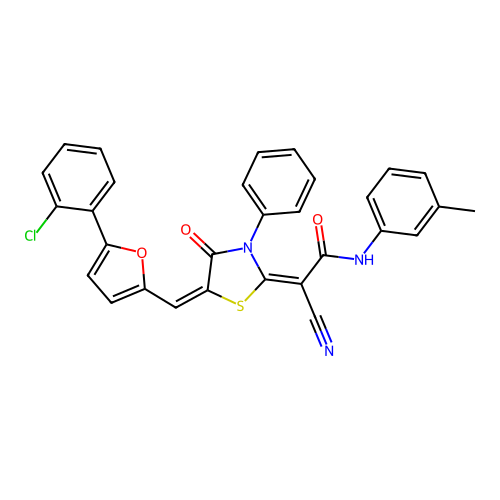(2E)-2-[(5E)-5-[[5-(2-chlorophenyl)furan-2-yl]methylidene]-4-oxo-3-phenyl-1,3-thiazolidin-2-ylidene]-2-cyano-N-(3-methylphenyl)acetamide structure