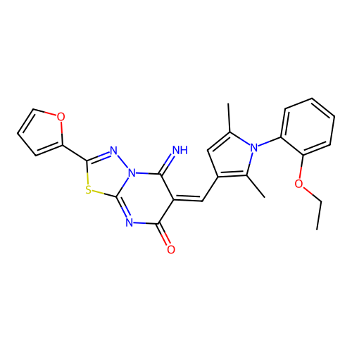 (E)-6-((1-(2-ethoxyphenyl)-2,5-dimethyl-1H-pyrrol-3-yl)methylene)-2-(furan-2-yl)-5-imino-5H-[1,3,4]thiadiazolo[3,2-a]pyrimidin-7(6H)-one structure