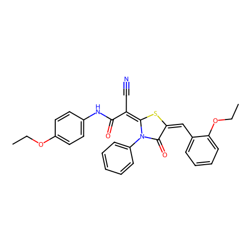 (2E)-2-cyano-N-(4-ethoxyphenyl)-2-[(5E)-5-[(2-ethoxyphenyl)methylidene]-4-oxo-3-phenyl-1,3-thiazolidin-2-ylidene]acetamide structure