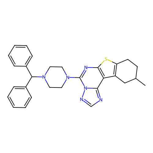 5-(4-benzhydrylpiperazin-1-yl)-10-methyl-8,9,10,11-tetrahydrobenzo[4,5]thieno[3,2-e][1,2,4]triazolo[1,5-c]pyrimidine structure
