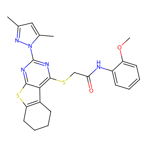 2-((2-(3,5-dimethyl-1H-pyrazol-1-yl)-5,6,7,8-tetrahydrobenzo[4,5]thieno[2,3-d]pyrimidin-4-yl)thio)-N-(2-methoxyphenyl)acetamide structure