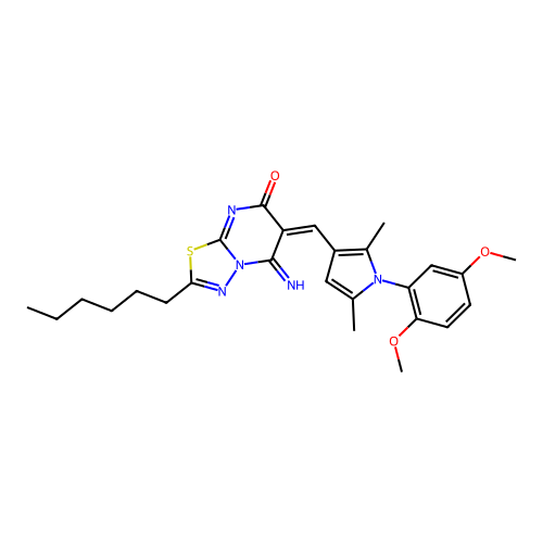 (6E)-6-[[1-(2,5-dimethoxyphenyl)-2,5-dimethylpyrrol-3-yl]methylidene]-2-hexyl-5-imino-[1,3,4]thiadiazolo[3,2-a]pyrimidin-7-one structure