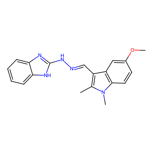 2-{(2E)-[(5-methoxy-1,2-dimethyl-1H-indol-3-yl)methylidene]hydrazinylidene}-2,3-dihydro-1H-benzimidazole structure