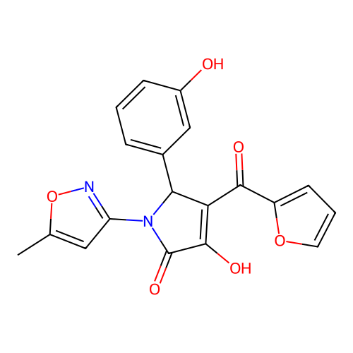 4-(furan-2-ylcarbonyl)-3-hydroxy-5-(3-hydroxyphenyl)-1-(5-methyl-1,2-oxazol-3-yl)-1,5-dihydro-2H-pyrrol-2-one structure