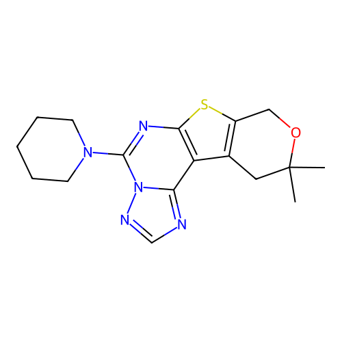 10,10-dimethyl-5-(piperidin-1-yl)-10,11-dihydro-8H-pyrano[4',3':4,5]thieno[3,2-e][1,2,4]triazolo[1,5-c]pyrimidine structure