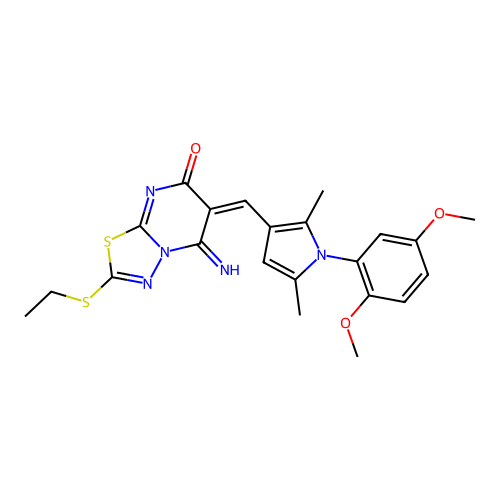 (6E)-6-[[1-(2,5-dimethoxyphenyl)-2,5-dimethylpyrrol-3-yl]methylidene]-2-ethylsulfanyl-5-imino-[1,3,4]thiadiazolo[3,2-a]pyrimidin-7-one structure
