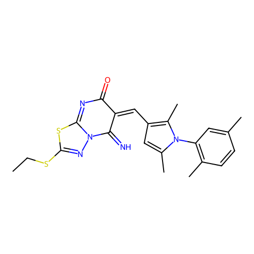 (6E)-6-[[1-(2,5-dimethylphenyl)-2,5-dimethylpyrrol-3-yl]methylidene]-2-ethylsulfanyl-5-imino-[1,3,4]thiadiazolo[3,2-a]pyrimidin-7-one structure