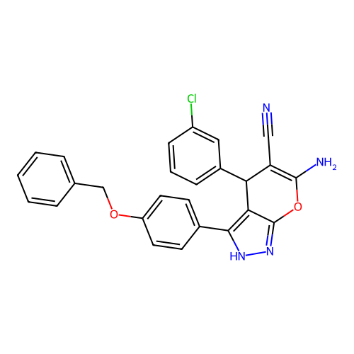 6-amino-3-(4-(benzyloxy)phenyl)-4-(3-chlorophenyl)-1,4-dihydropyrano[2,3-c]pyrazole-5-carbonitrile structure