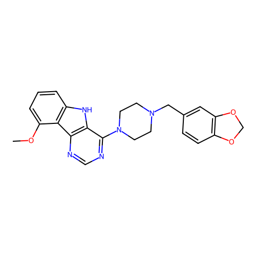4-[4-(1,3-benzodioxol-5-ylmethyl)piperazin-1-yl]-9-methoxy-5H-pyrimido[5,4-b]indole structure