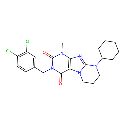 9-cyclohexyl-3-(3,4-dichlorobenzyl)-1-methyl-6,7,8,9-tetrahydropyrimido[2,1-f]purine-2,4(1H,3H)-dione structure