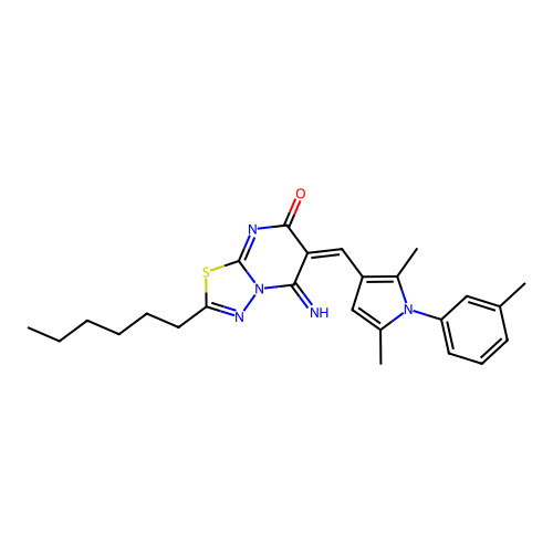 (6E)-6-[[2,5-dimethyl-1-(3-methylphenyl)pyrrol-3-yl]methylidene]-2-hexyl-5-imino-[1,3,4]thiadiazolo[3,2-a]pyrimidin-7-one structure